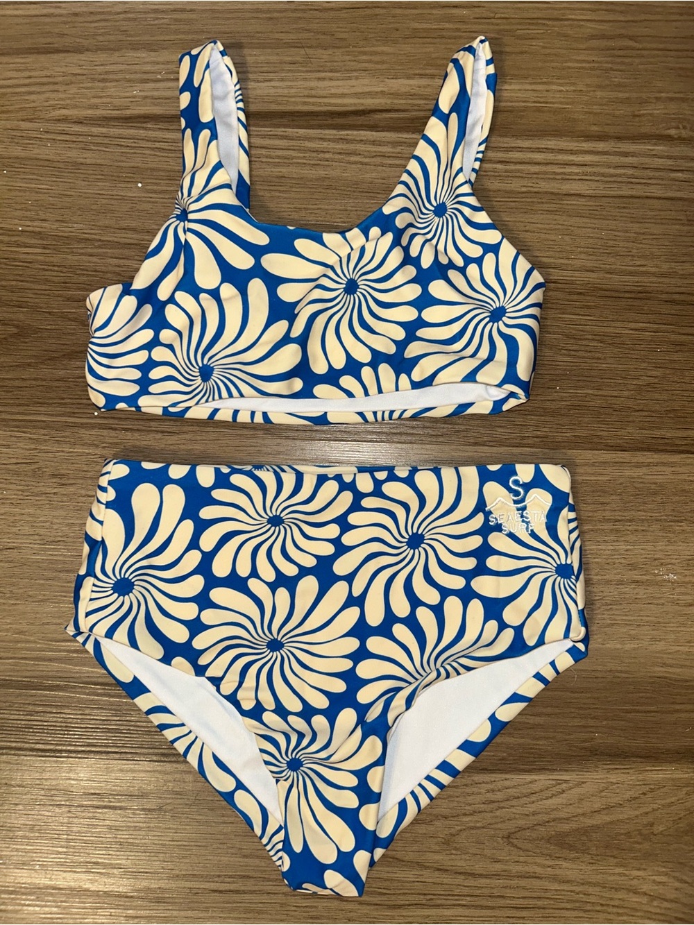 Girls Blue and Cream Floral High-Rise Bikini Set - Picture 3 of 7